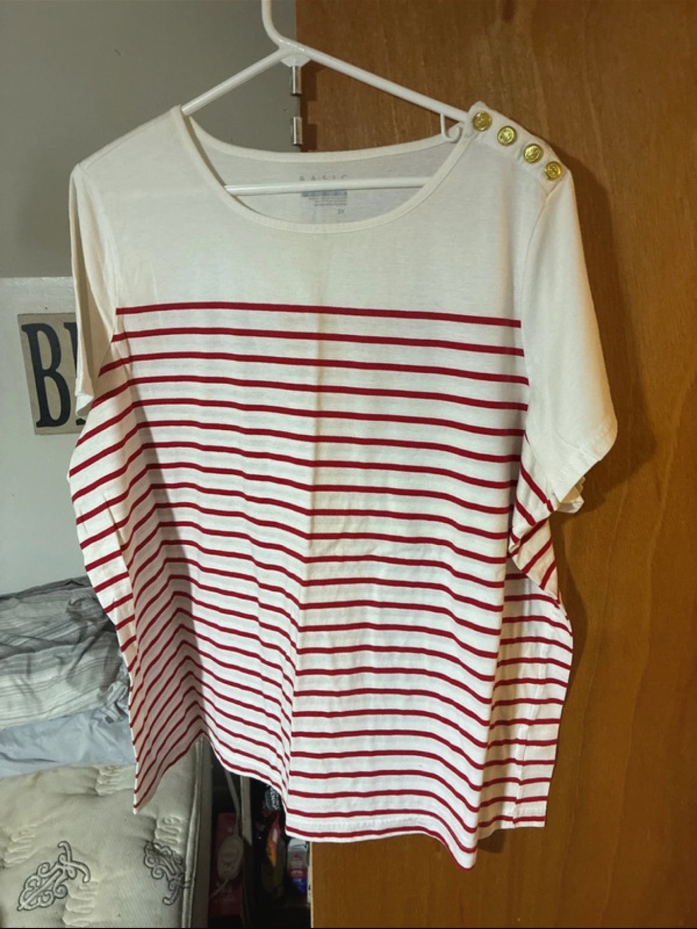 Basic Editions White Tee with Red Stripes and Gold Shoulder Buttons
